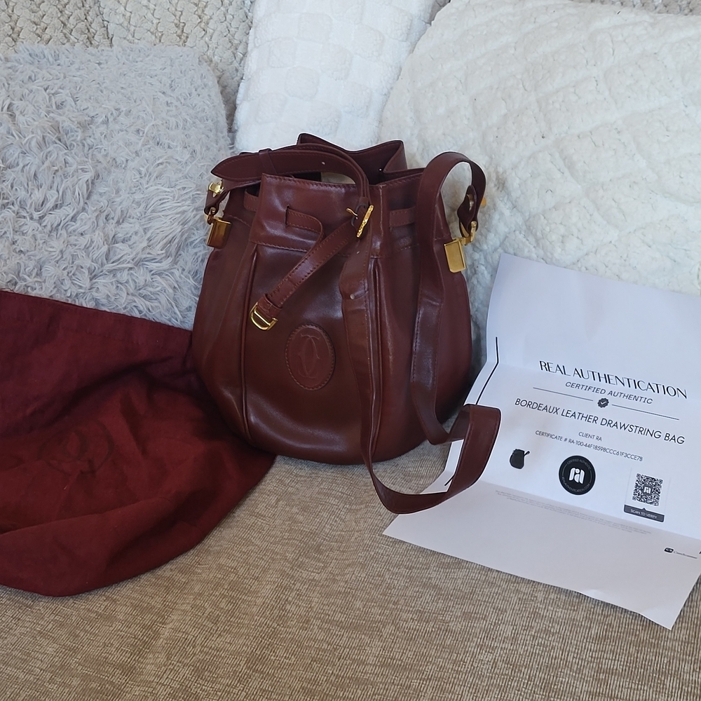 Cartier Must Line Drawstring Shoulder Bag Bordeaux Leather ...Authentic..